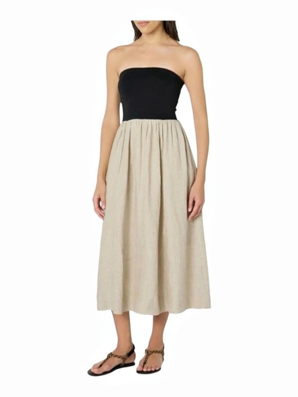 The Drop Hellen Strapless Linen Midi Dress in Black & Beige Size M Fully Lined